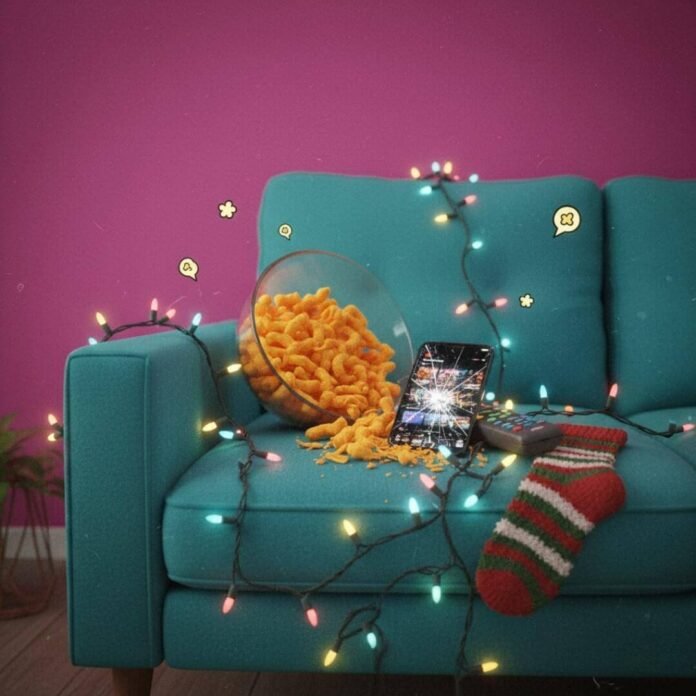 Couch with Cheetos, iPhone, Christmas lights, and a sock.(1) Couch with Cheetos, iPhone, Christmas lights, and a sock.