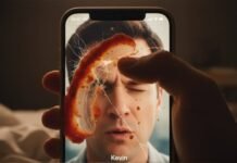 Why This Trailer Is Already Breaking Internet Records Close-up of a hand with a thumb smearing salsa on a cracked phone screen, showing a man's face about to sneeze.
