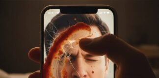 Why This Trailer Is Already Breaking Internet Records Close-up of a hand with a thumb smearing salsa on a cracked phone screen, showing a man's face about to sneeze.