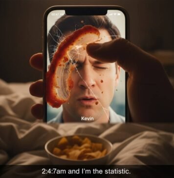 Why This Trailer Is Already Breaking Internet Records Close-up of a hand with a thumb smearing salsa on a cracked phone screen, showing a man's face about to sneeze.