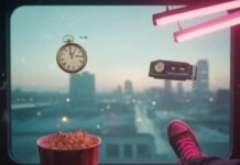 Morning vs Evening Showtimes: Which Is Better for You? Popcorn, sneaker, and mismatched clocks in a movie theater.