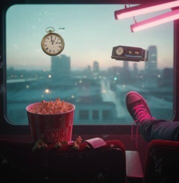 Morning vs Evening Showtimes: Which Is Better for You? Popcorn, sneaker, and mismatched clocks in a movie theater.