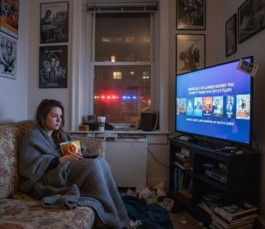 Critically-Acclaimed Movies You Didn’t Know Were Box Office Flops Woman watches TV, a list of critically acclaimed box office flops displayed.