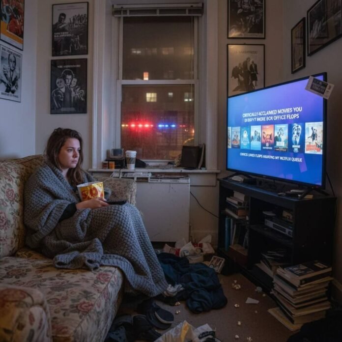 Woman watches TV, a list of critically acclaimed box office flops displayed.(1) Woman watches TV, a list of critically acclaimed box office flops displayed.