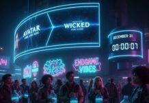 Every Must-See Release Dropping Before Year-End 2025 Futuristic street with movie billboards, hipsters, and countdown.