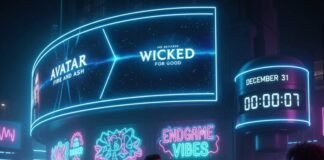 Every Must-See Release Dropping Before Year-End 2025 Futuristic street with movie billboards, hipsters, and countdown.