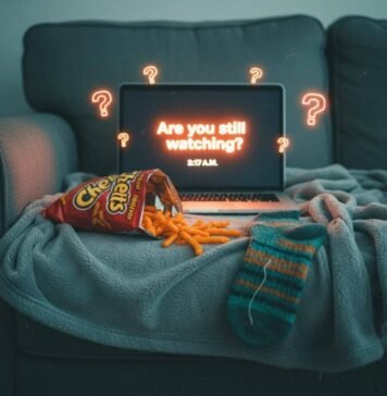 10 Short-Episode Series Perfect for Weekend Bingeing A messy couch with snacks, a laptop, and a fuzzy sock.