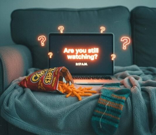 10 Short-Episode Series Perfect for Weekend Bingeing A messy couch with snacks, a laptop, and a fuzzy sock.