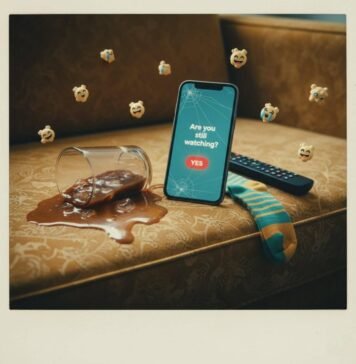 How to Build the Perfect Weekend Streaming Watch list? Iced coffee spilled on a couch, a phone on Netflix, and a sock.
