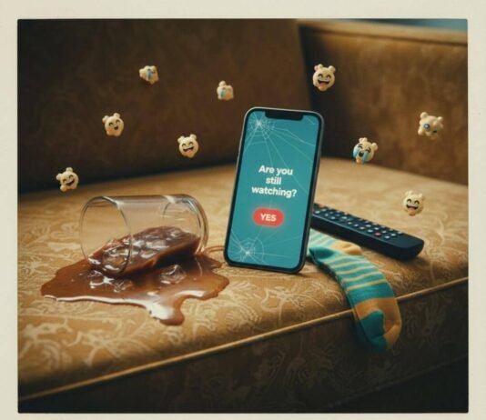 How to Build the Perfect Weekend Streaming Watch list? Iced coffee spilled on a couch, a phone on Netflix, and a sock.