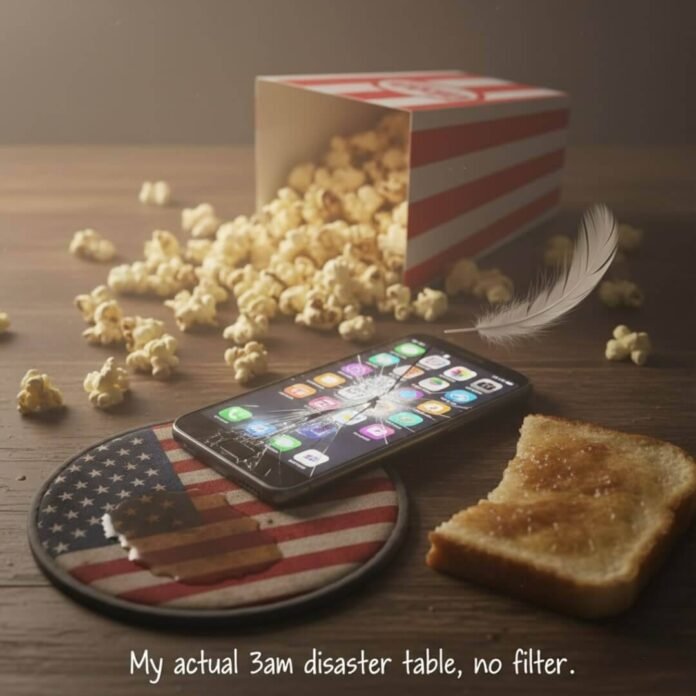 "3 AM disaster table with popcorn, phone, and toast."(1) "3 AM disaster table with popcorn, phone, and toast."