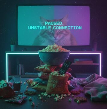 The Ultimate List: 25 Must-Watch Shows Across All Platforms Snacks, paused streaming, sleepy cat, VHS grain, neon light.