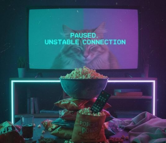 The Ultimate List: 25 Must-Watch Shows Across All Platforms Snacks, paused streaming, sleepy cat, VHS grain, neon light.