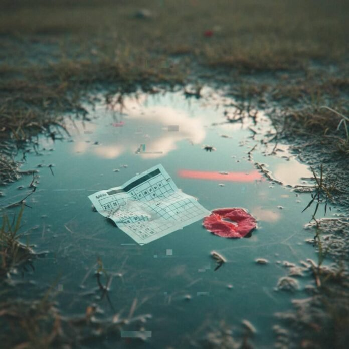 Scorecard and poppy petal in a murky puddle with glitchy reflection.