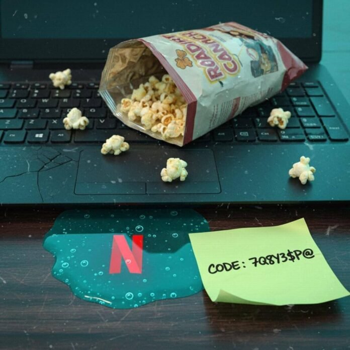 Stale popcorn, spilled energy drink, Netflix, and a secret code on a laptop.(1) Stale popcorn, spilled energy drink, Netflix, and a secret code on a laptop.