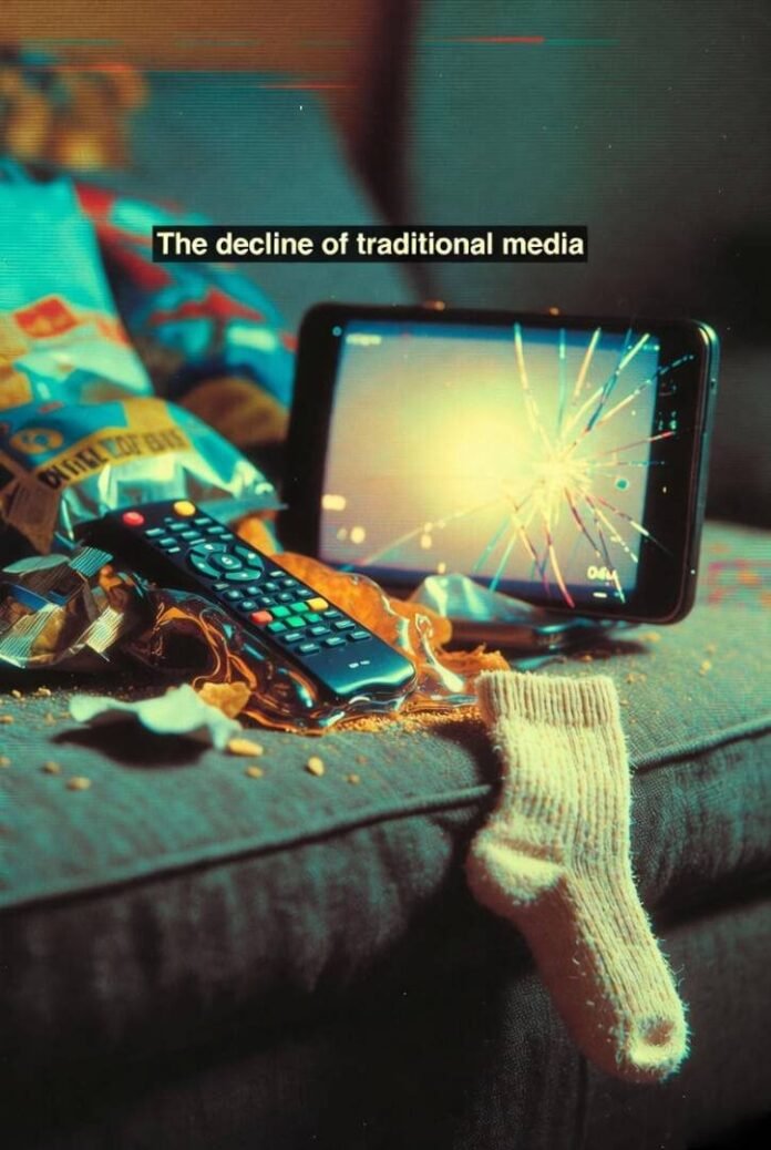 Messy couch with broken phone, melted remote, and lone sock. VHS glitch vibes.